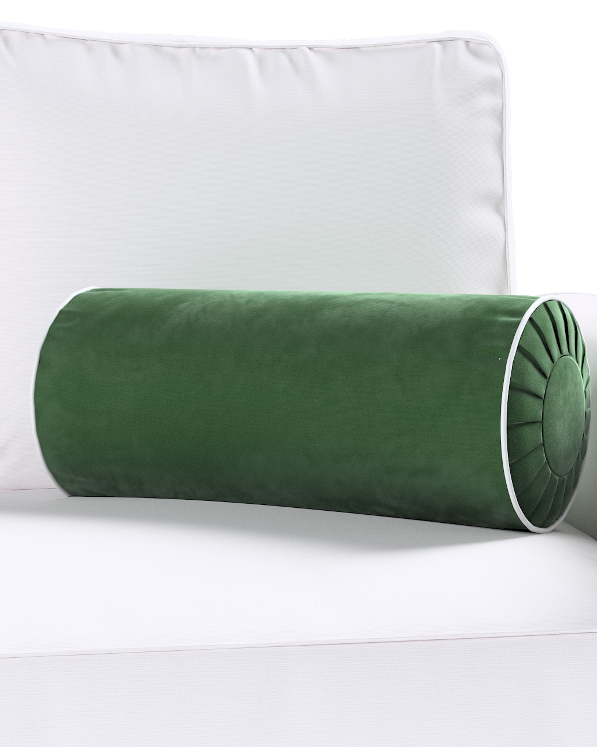 Pernă cilindrică cu pliuri și tiv decorativ culoare verde Țesătură gloss, catifea (hover)