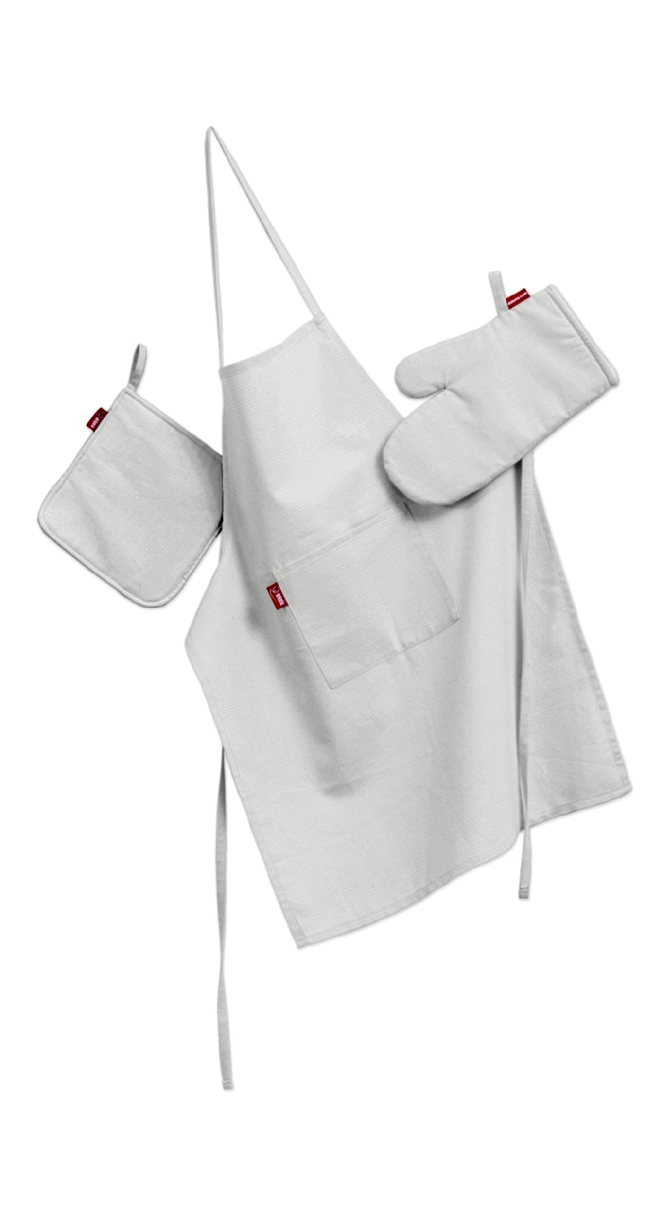 Set de textile pentru bucătărie: șorț, suport pentru oală și mănuși pentru cuptor culoare alb