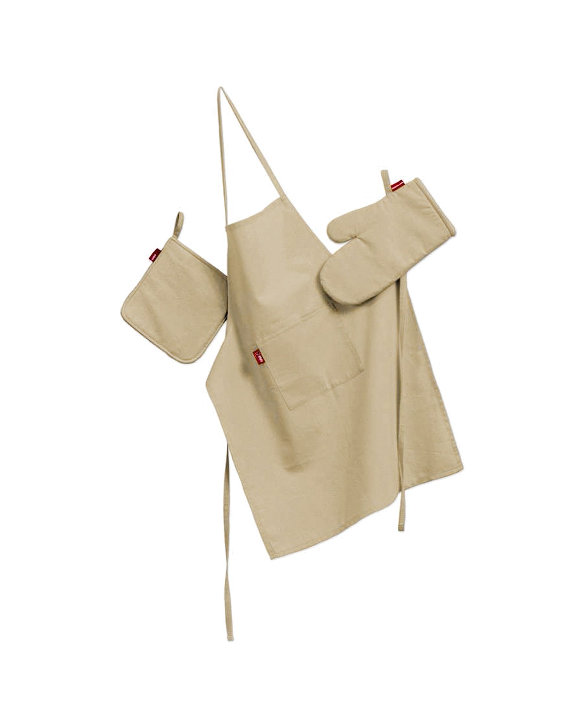 Set de textile pentru bucătărie: șorț, suport pentru oală și mănuși pentru cuptor culoare bej