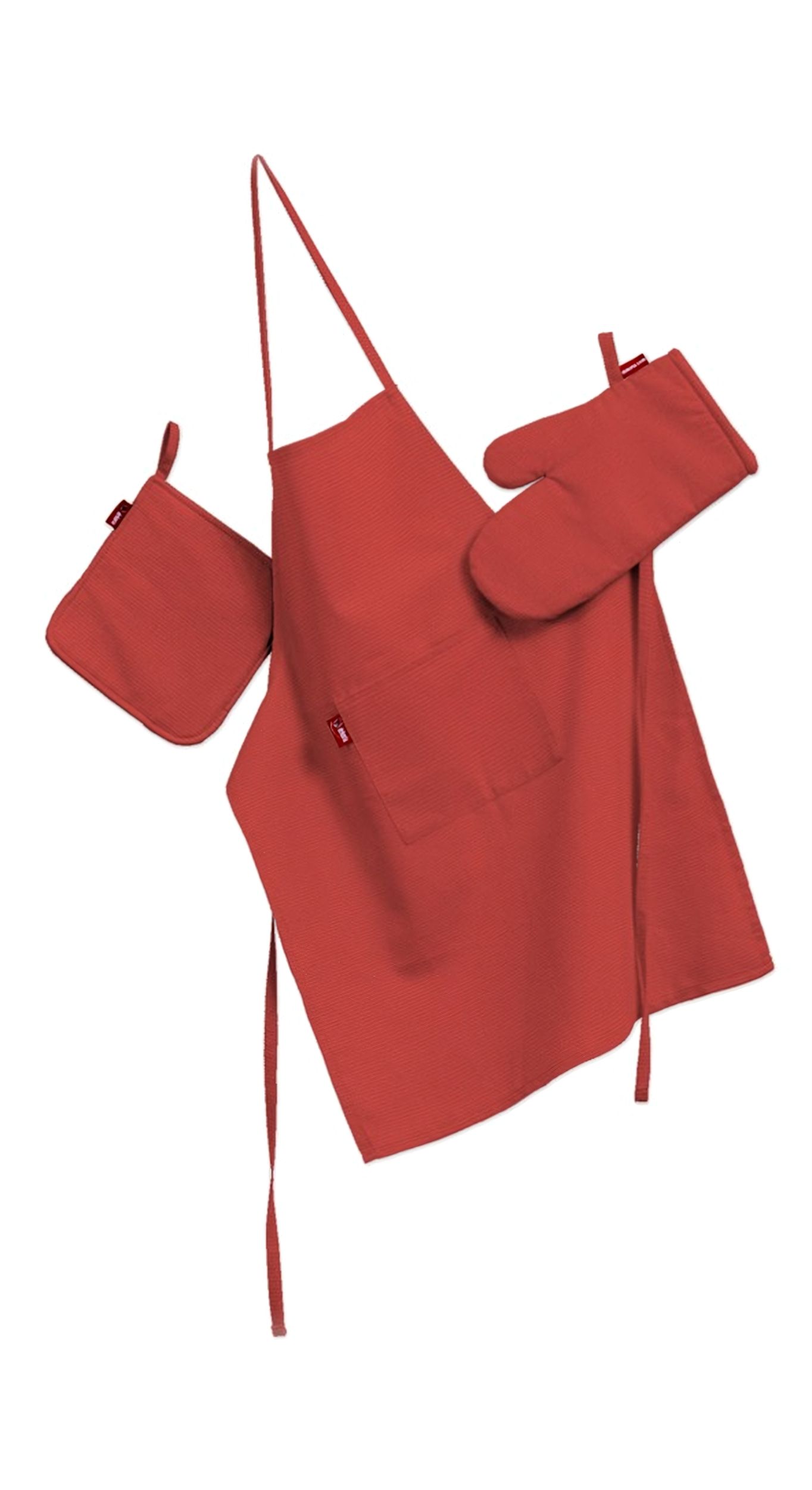 Set de textile pentru bucătărie: șorț, suport pentru oală și mănuși pentru cuptor culoare roșu