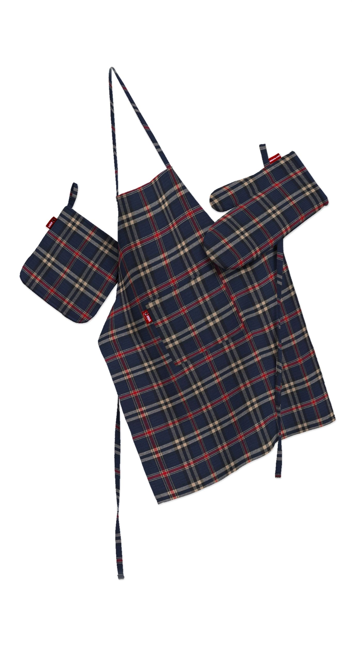 Set de textile pentru bucătărie: șorț, suport pentru oală și mănuși pentru cuptor culoare bleumarin Țesătură cu model
