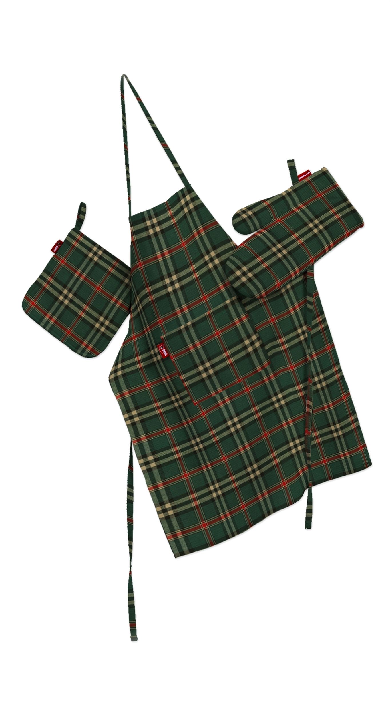 Set de textile pentru bucătărie: șorț, suport pentru oală și mănuși pentru cuptor culoare verde Țesătură cu model