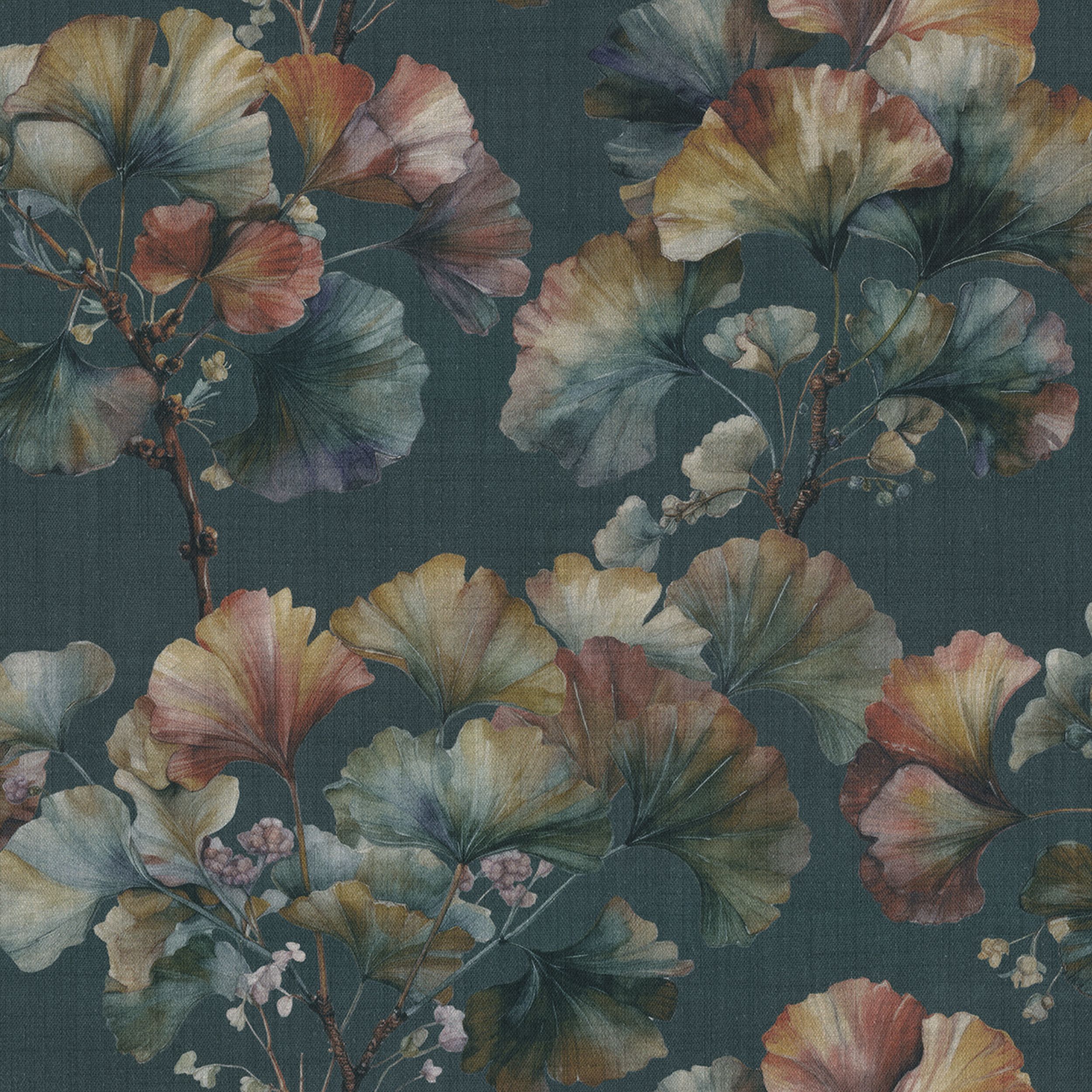 Botanic Viscose 145-24 frunze de ginkgo pe fundal bleumarin